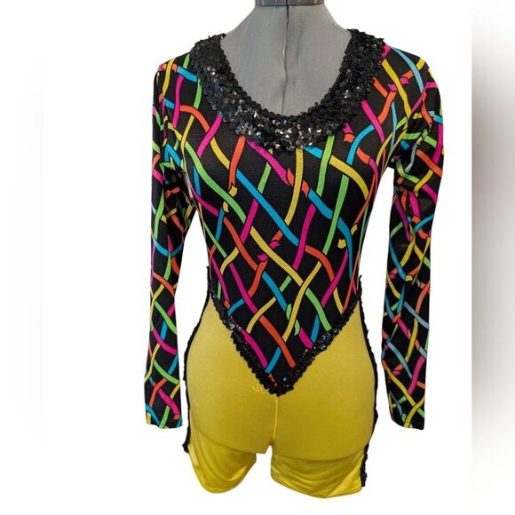 80s Vintage‎ Women's Neon Sequin Dance Skating Leotard Outfit Size Large - Picture 1 of 7